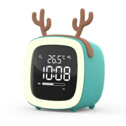 Cartoon Deer Alarm Clock For Kids USB Rechargeable teal square bedside clock with reindeer antlers, digital display showing time and temperature