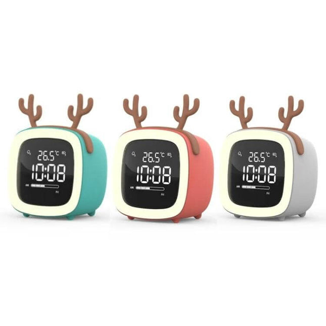Cartoon Deer Alarm Clock For Kids USB Rechargeable - trio of colorful rechargeable deer-themed bedside clocks with LED display and USB power
