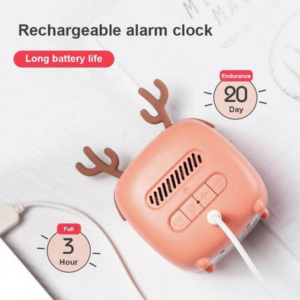 Cartoon Deer Alarm Clock For Kids USB Rechargeable – pink rechargeable deer-shaped bedside clock with USB cable, long battery life and simple display