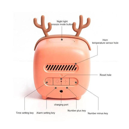 Cartoon Deer Alarm Clock For Kids USB Rechargeable - back view showing antlers, buttons, charging port and labeled controls