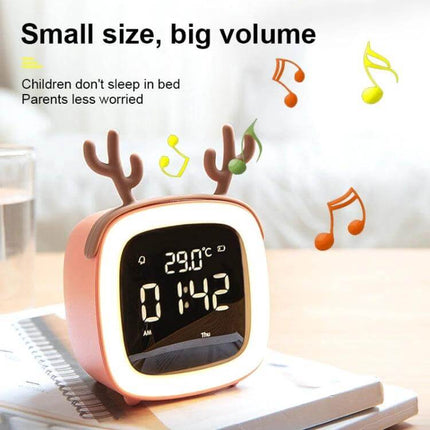 Cartoon Deer Alarm Clock For Kids USB Rechargeable - compact pink deer-themed bedside clock with LED display and USB charging