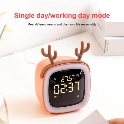 Cartoon Deer Alarm Clock For Kids USB Rechargeable pink deer-shaped bedside clock with digital display and USB cable