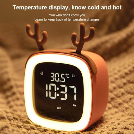 Cartoon Deer Alarm Clock For Kids USB Rechargeable showing digital time 10:37 and temperature 30.5°C with deer antler design and soft bedside glow