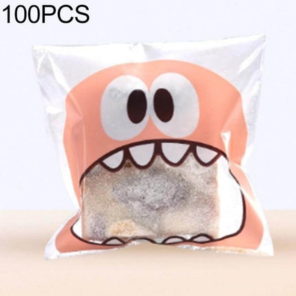Alt Tag: Cartoon Monster OPP Packaging Bags 7x7cm and 10x10cm clear gravure-printed monster snack pouch showing cookie inside, 7x7 cm size