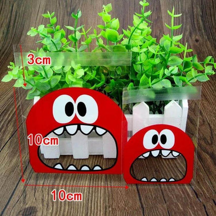 Cartoon Monster OPP Packaging Bags 7x7cm and 10x10cm clear OPP snack gift bags with red cartoon monster print showing contents