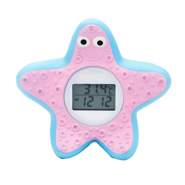 Cartoon Children Bath Water Thermometer With Digital Display pink starfish design showing 31.4°C and 12:12, waterproof three-color warning for safe bath