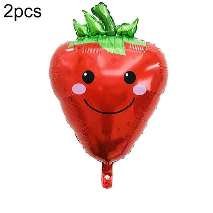 Cartoon Fruit and Veggie Foil Balloons Set for Kids' Party Decor - smiling red strawberry foil balloon, bright gravure print, durable aluminium foil