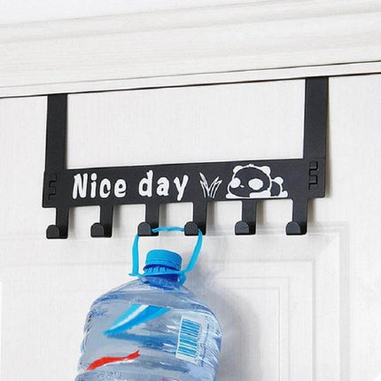 Cartoon Wall-Mounted Coat And Bags Door Hook For Home in black over-door rack with six hooks holding a water bottle and small items