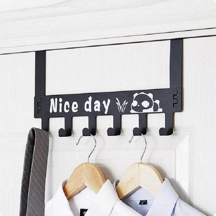 Cartoon Wall-Mounted Coat And Bags Door Hook For Home - black 6-hook over-the-door rack with 'Nice day' design holding coats, ties and bags