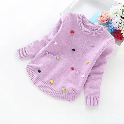 Girls' Round Neck Sweater For Everyday Wear Korean Version - Purple Cashmere Blend Kids Sweater with Soft Finish and Colorful Pom Details