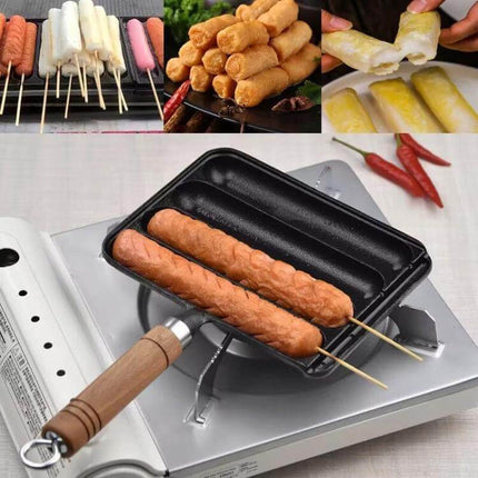 Cast Iron 4-Grid Sausage Grill Pan With Wood Handle For Everyday Meals on stovetop grilling two skewered sausages in anti-spill mold
