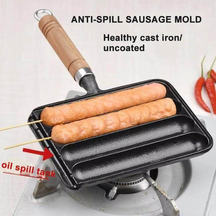 Cast Iron 4-Grid Sausage Grill Pan With Wood Handle For Everyday Meals on gas stove showing anti-spill sausage mold and beech wood handle