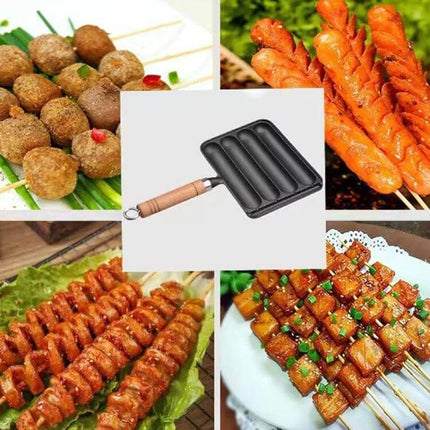 Cast Iron 4-Grid Sausage Grill Pan With Wood Handle For Everyday Meals - cast iron 4-slot mold with beech handle for sausages on gas, electric, induction