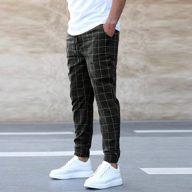 Casual Drawstring Mens Trousers Mid Waist Solid Color Youth in Black Grid Straight Leg With Adjustable Waist For Spring