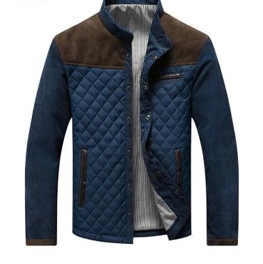 Casual Mens Plaid Cotton Jacket With Round Hem For Leisure - Quilted Navy Blue Shirt-Jacket With Contrast Shoulders And Slit Pockets