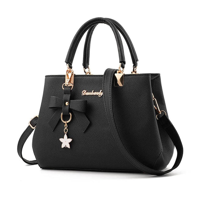 Casual One-Shoulder Litchi Pattern Diagonal Handbag in black PU with zipper closure and bow charm
