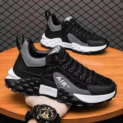 Casual Running Shoes With Thick Sole For Everyday Comfort in Supreme-Black, durable synthetic leather and PVC sole with plaid accents