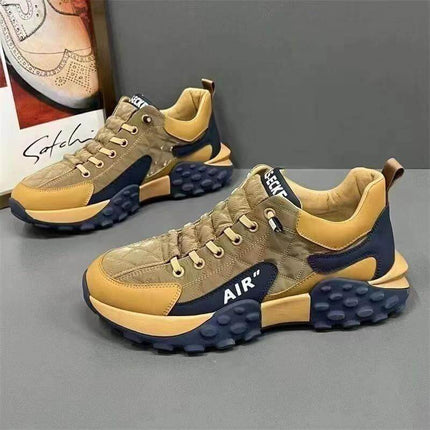 Casual Running Shoes With Thick Sole For Everyday Comfort in Supreme-Brown with plaid details, PVC sole and synthetic leather upper