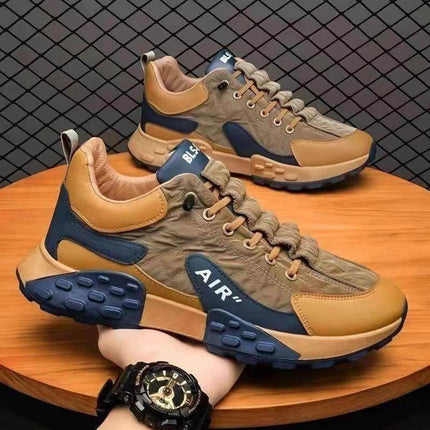 Casual Running Shoes With Thick Sole For Everyday Comfort in Supreme-Brown with plaid accents, durable synthetic leather and PVC sole, ideal for commuting