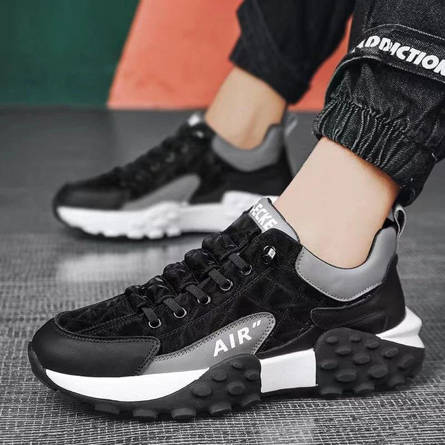 Casual Running Shoes With Thick Sole For Everyday Comfort in Supreme-Black, durable synthetic leather and plaid accents for daily walking