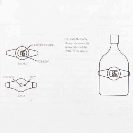 Celsius Degree Digital LCD Display Wine Bottle Thermometer 65 To 80 Millimeters showing placement on bottle with LCD screen and sensor diagram