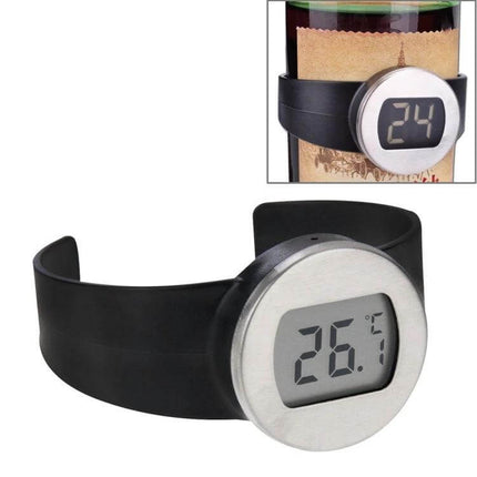 Celsius Degree Digital LCD Display Wine Bottle Thermometer 65 To 80 Millimeters showing stainless steel face plate LCD reading 26.7°C on bottle