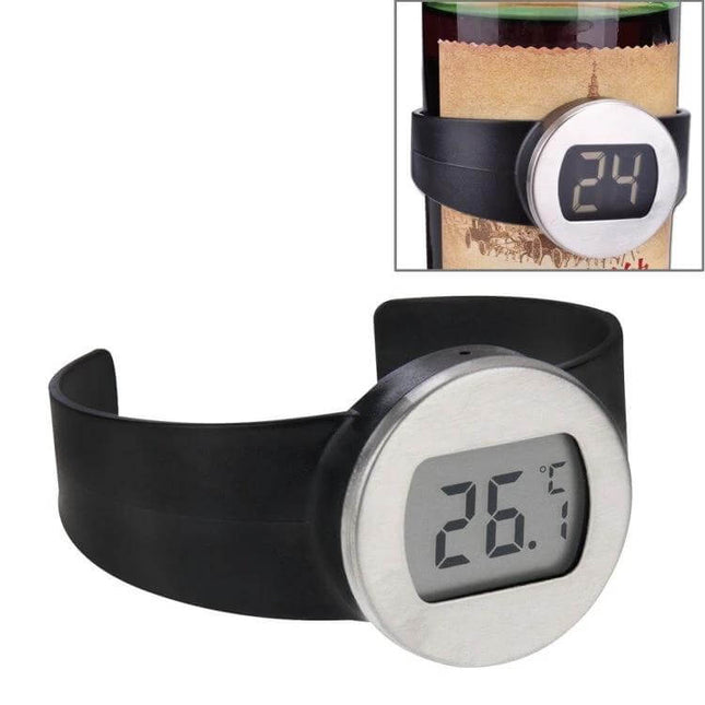 Celsius Degree Digital LCD Display Wine Bottle Thermometer 65 To 80 Millimeters showing stainless steel face plate LCD reading 26.7°C on bottle