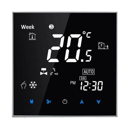 Central Air Conditioning Thermostat With Touch LCD Display black touchscreen showing 20.5°C, schedule icons, fan and clock indicators