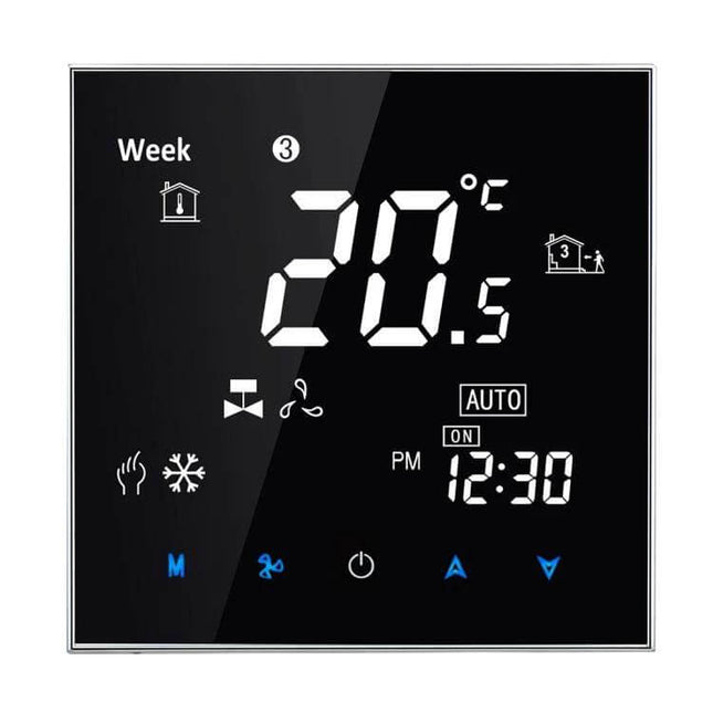 Central Air Conditioning Thermostat With Touch LCD Display black touchscreen showing 20.5°C, schedule icons, fan and clock indicators