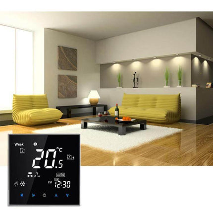 Central Air Conditioning Thermostat With Touch LCD Display mounted in modern living room showing touch screen temperature and schedule