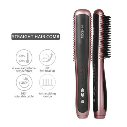 Ceramic Hair Straightener Comb For Everyday Styling - rose gold ceramic straightening brush with 6 temps, 30s heat-up, anti-scald design