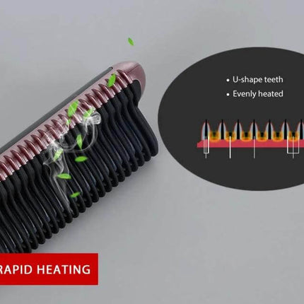 Ceramic Hair Straightener Comb For Everyday Styling showing U-shape teeth, rapid heating and even ceramic heat distribution for quick styling