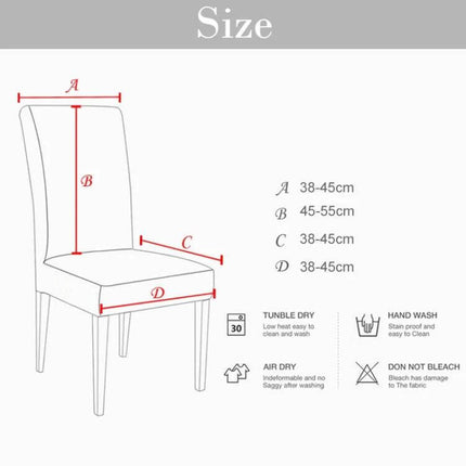 Chair Cover Universal Size For Weddings And Banquets diagram with measurements and care icons showing A 38-45cm B 45-55cm C 38-45cm D 38-45cm