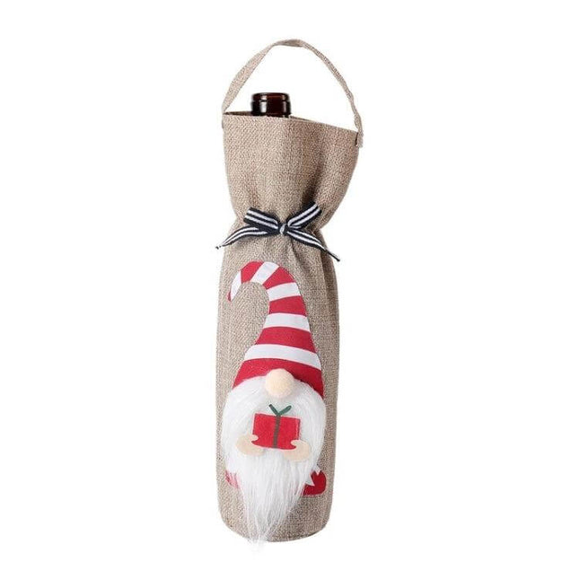 Wine Bottle Sleeve Champagne Red For Christmas Decor - cloth bottle cover with gnome and handle for holiday table or gift display