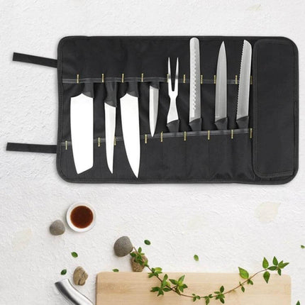 Chef Knife Storage Bag, Portable Reel Style For Everyday Use, Black - Waterproof Oxford portable knife roll with multiple pockets and secure straps