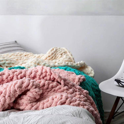 Chenille Knit Blanket For Sofa 80x100 Cm Cozy Everyday Use - soft pink chenille throw draped on bed for sofa, lightweight travel and everyday comfort