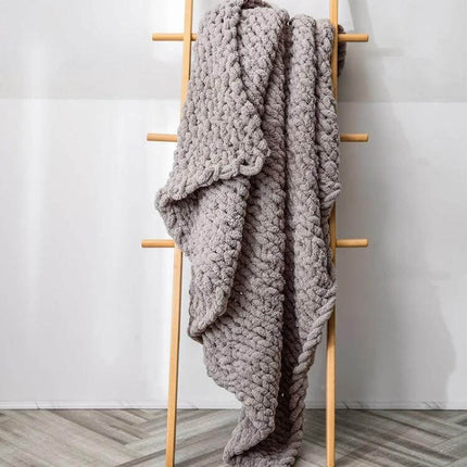 Chenille Knit Blanket For Sofa 80x100 Cm Cozy Everyday Use draped on wooden ladder, soft gray knit throw for sofa or travel