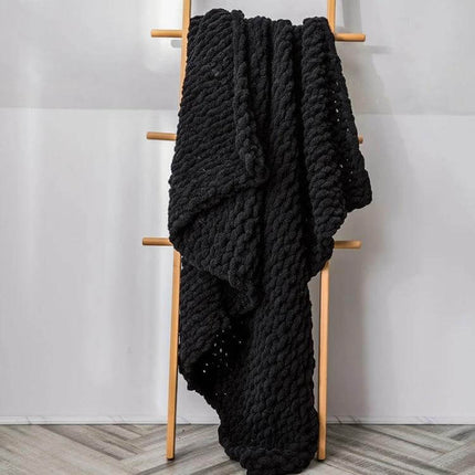 Alt Tag: Chenille Knit Blanket For Sofa 80x100 Cm Cozy Everyday Use black chenille throw draped on wooden ladder for sofa or travel