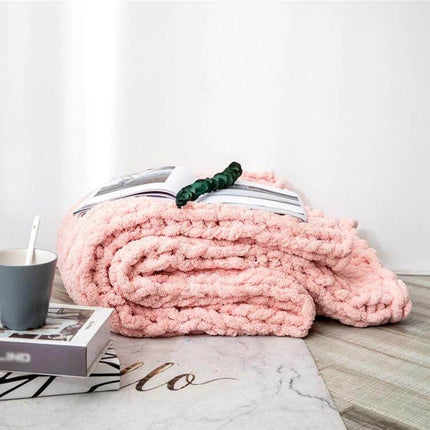 Chenille Knit Blanket For Sofa 80x100 Cm Cozy Everyday Use - folded pink chenille throw on floor next to cup and book