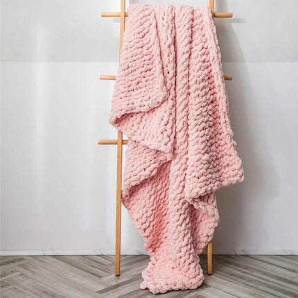 Chenille Knit Blanket For Sofa 80x100 Cm Cozy Everyday Use - pink chunky chenille throw draped on ladder for sofa or travel