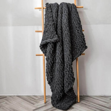 Chenille Knit Blanket For Sofa 80x100 Cm Cozy Everyday Use - dark gray chunky knit sofa throw on wooden ladder, lightweight travel and bed accent