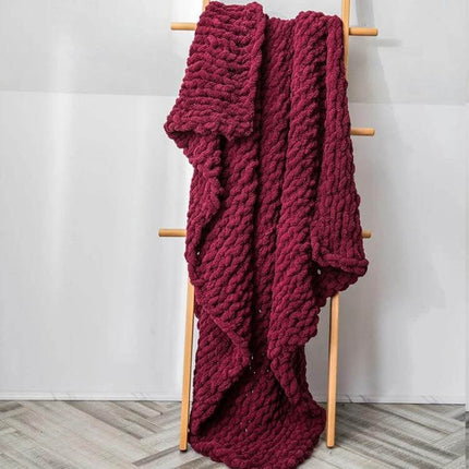 Chenille Knit Blanket For Sofa 80x100 Cm Cozy Everyday Use - burgundy chunky knit sofa throw draped on wooden ladder