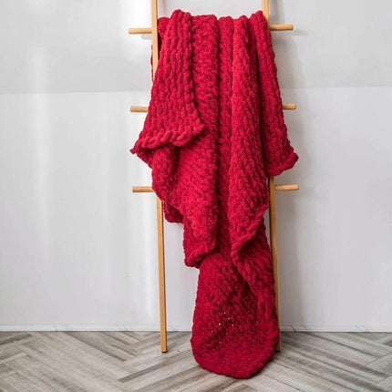 Chenille Knit Blanket For Sofa 80x100 Cm Cozy Everyday Use - red chenille knit throw hanging on wooden ladder, soft polyester sofa blanket