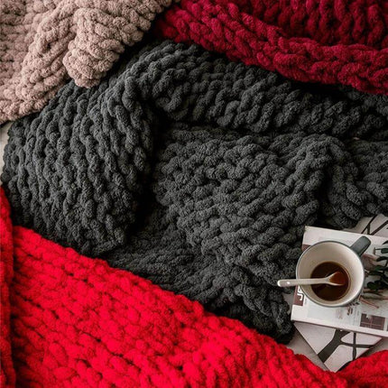 Chenille Knit Blanket For Sofa 80x100 Cm Cozy Everyday Use soft chunky knit sofa throw in gray red and beige with coffee cup