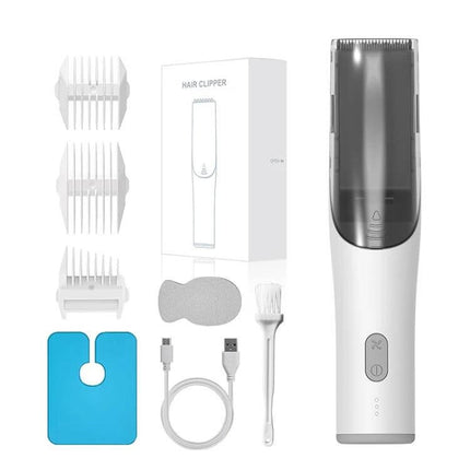 Child Hair Clipper Rechargeable For Easy Home Grooming showing clipper, six guide combs, USB cable and cleaning brush