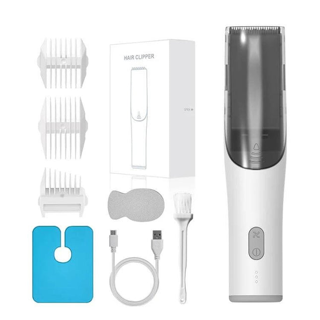 Child Hair Clipper Rechargeable For Easy Home Grooming showing clipper, six guide combs, USB cable and cleaning brush