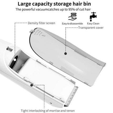 Child Hair Clipper Rechargeable For Easy Home Grooming showing detachable large-capacity hair bin, transparent cover and rounded cutter head for gentle toddler trims