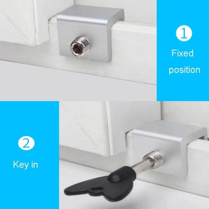 Child Safety Window Limiter With Key For Home Windows installed on white window frame showing fixed position and key inserted