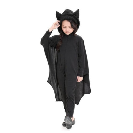 Children Bat Style Jumpsuit Halloween Costume Size S For Dress Up - child in black one-piece bat jumpsuit with hood and winged sleeves, fits 105–115 cm