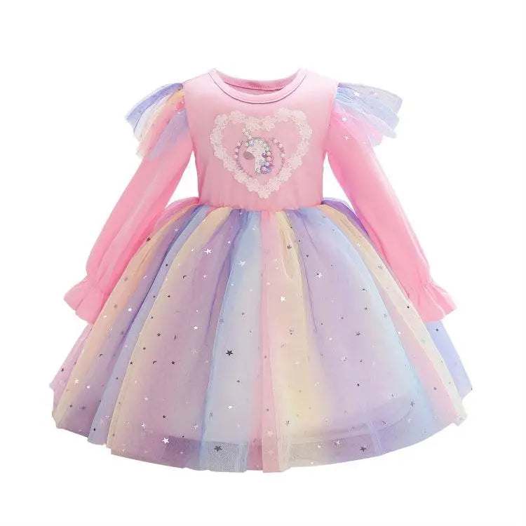 Children Dress With Flying Sleeves Rainbow Sequined Mesh